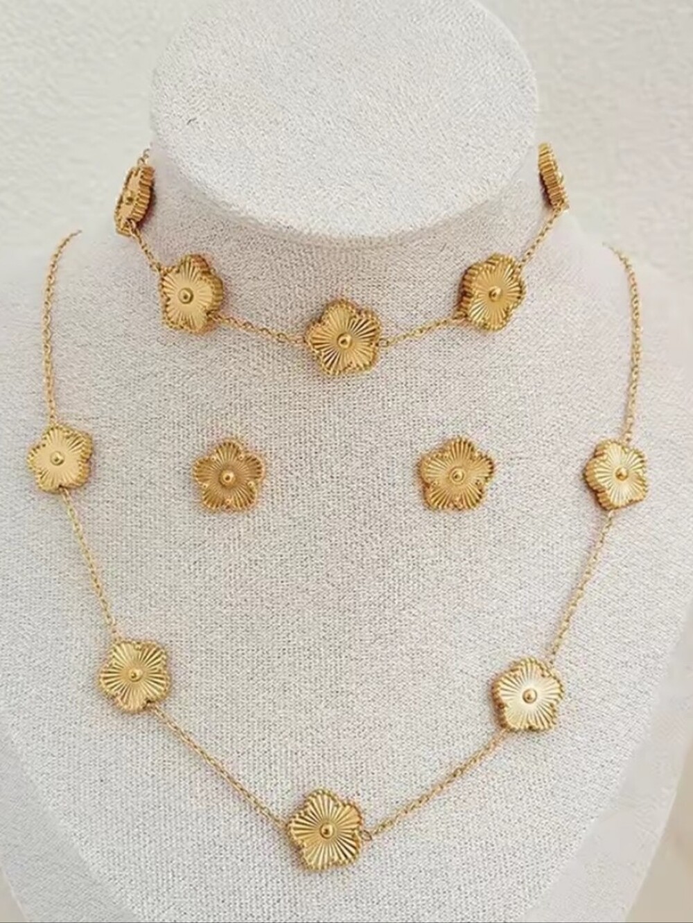 Gold Floral Station Necklace, Bracelet and Earring Set - Women Jewelry